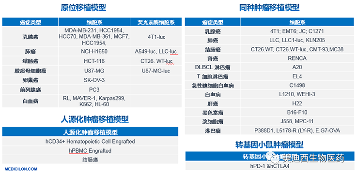 K8官网原位移植模型、同种肿瘤移植模型、人源化肿瘤移植模型和转基因小鼠肿瘤模型清单